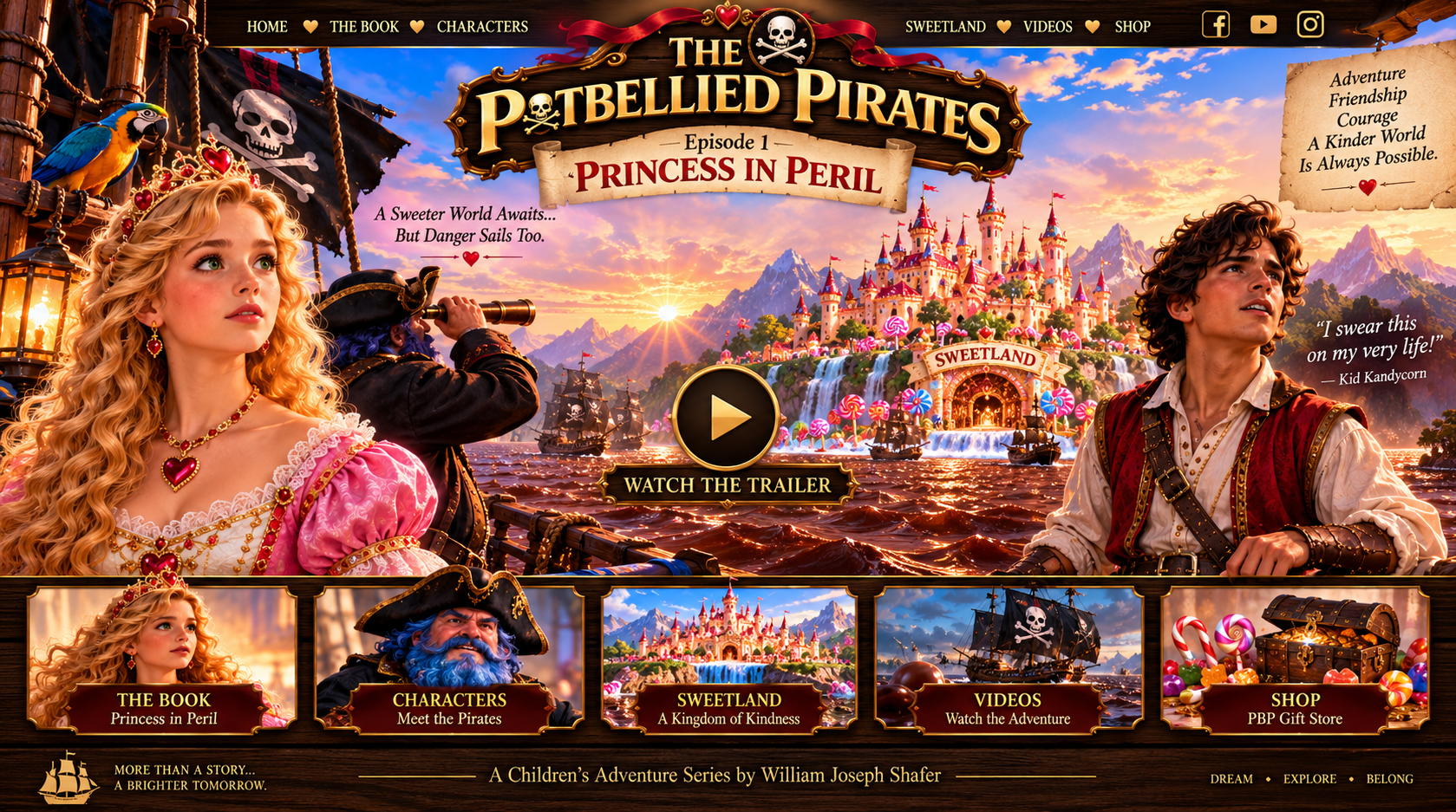 Approved Potbellied Pirates cinematic homepage artwork featuring Princess Caramella, Kid Kandycorn, Sweetland and the pirate adventure